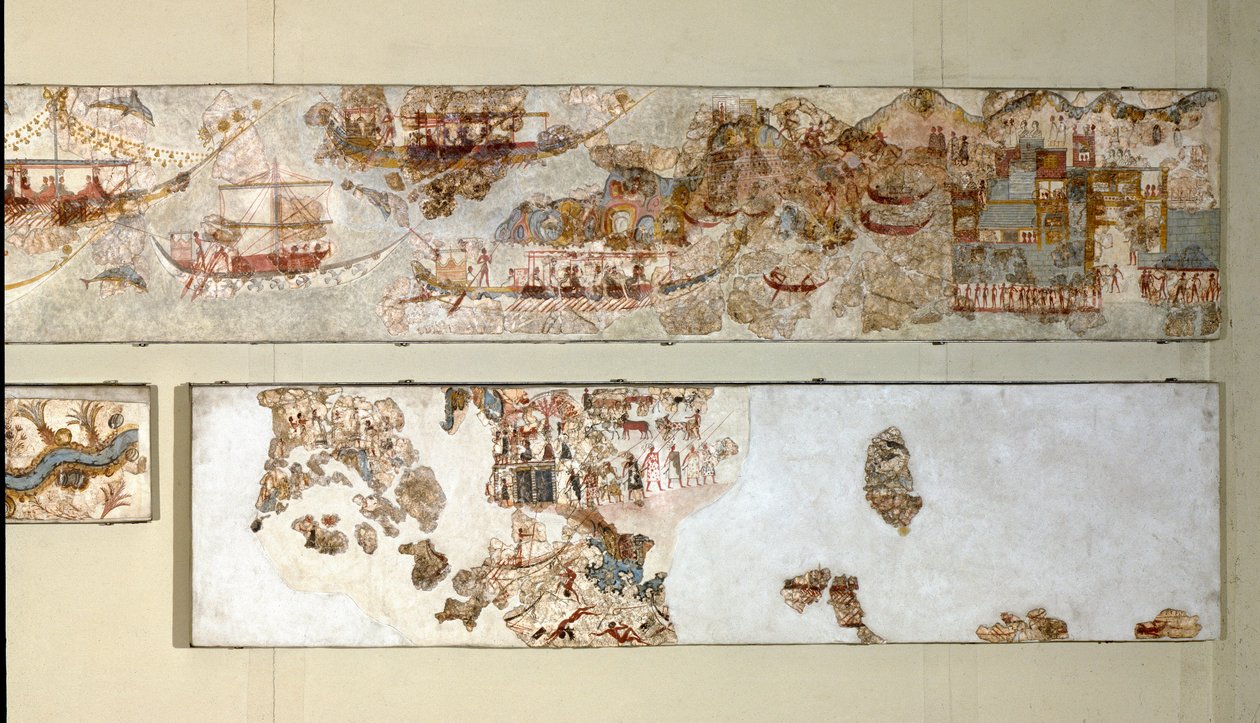 Minojské umění: „námořní expedice“ Freska z Akrotiri na Santorini. 16. století před naším letopočtem. Athény, Národní archeologické muzeum od Minoan