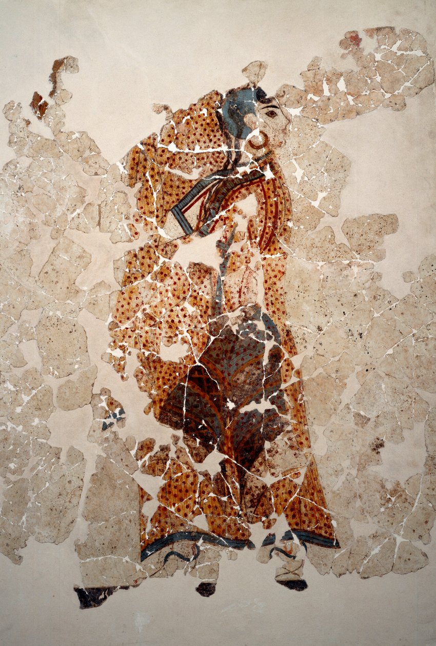 Minojská civilizace: ženy v uctívání. Detail. Freska z lustrální pánve Xeste 3 v Akrotiri (Thera), Santorini. Ztlumit. 143x381 cm 16. století př. n. l. Santorini, sbírka fresek Akrotiri a Thera od Minoan