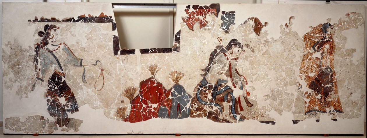 Minojská civilizace: ženy v uctívání. Freska z lustrální pánve budovy Xeste 3 v Akrotiri (Thera), Santorini od Minoan