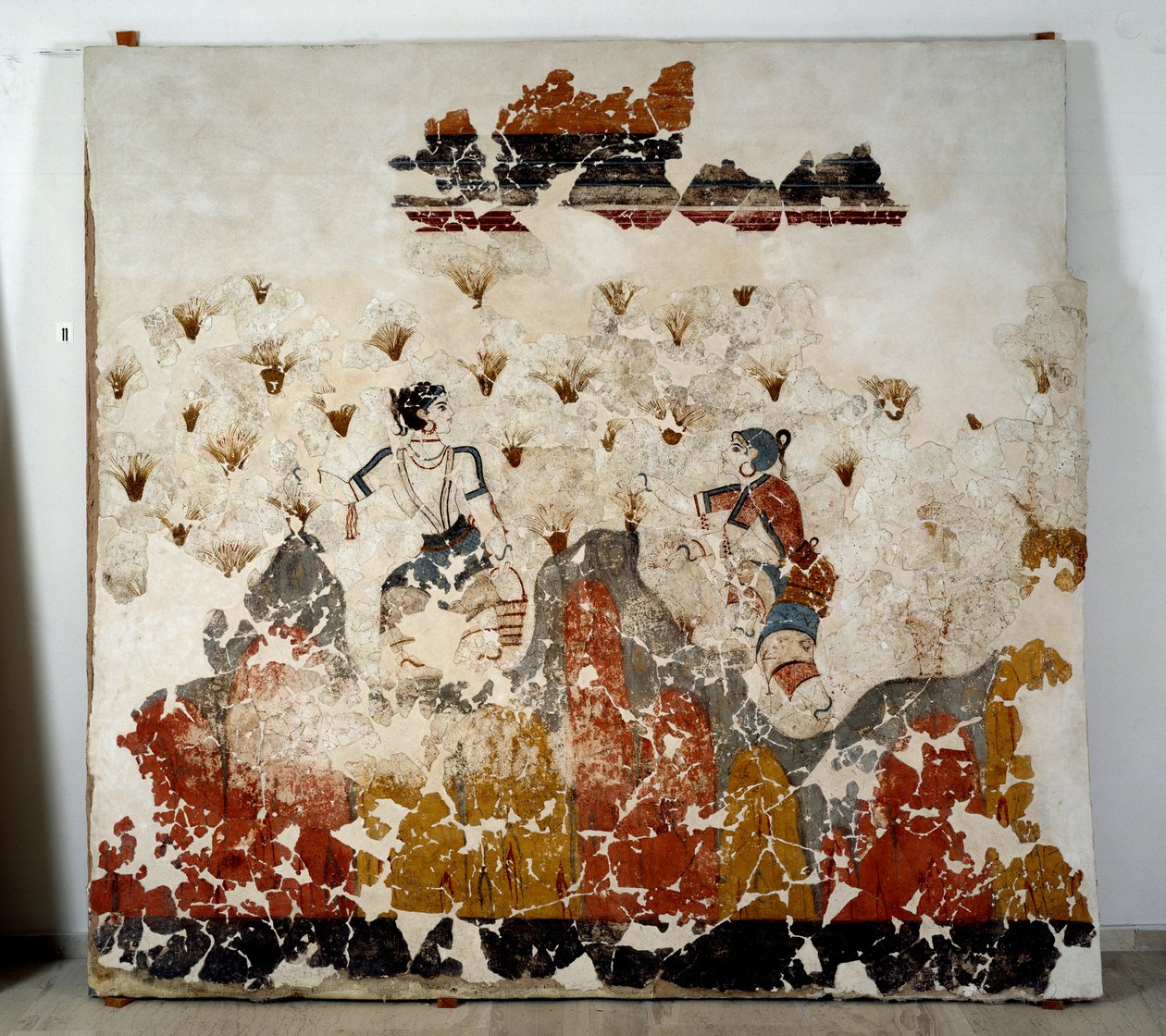 Minojská civilizace: ženy sbírají šafrán. Freska z lustrální pánve Xeste 3 v Akrotiri (Thera), Santorini. Ztlumit. 244x266 cm 16. století př. n. l. Santorini, sbírka fresek Akrotiri a Thera od Minoan