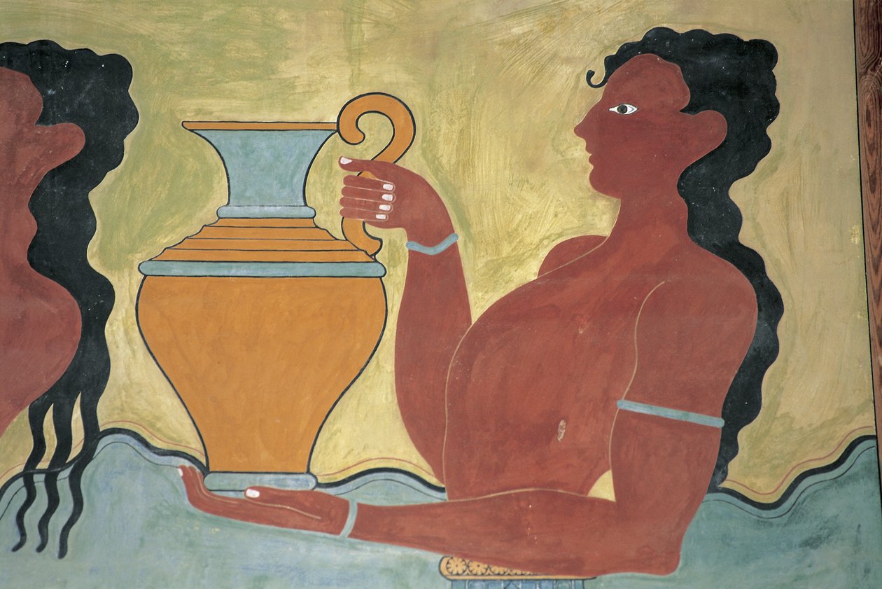 Detail nástěnné malby na zdi paláce, Palác Minos, Knossos, Kréta, Řecko od Minoan