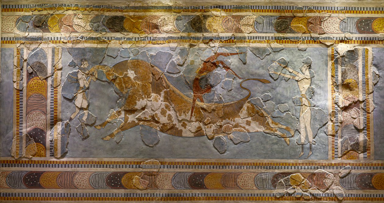 Detail fresky ve skoku býka. Nalezeno v Knossos od Minoan