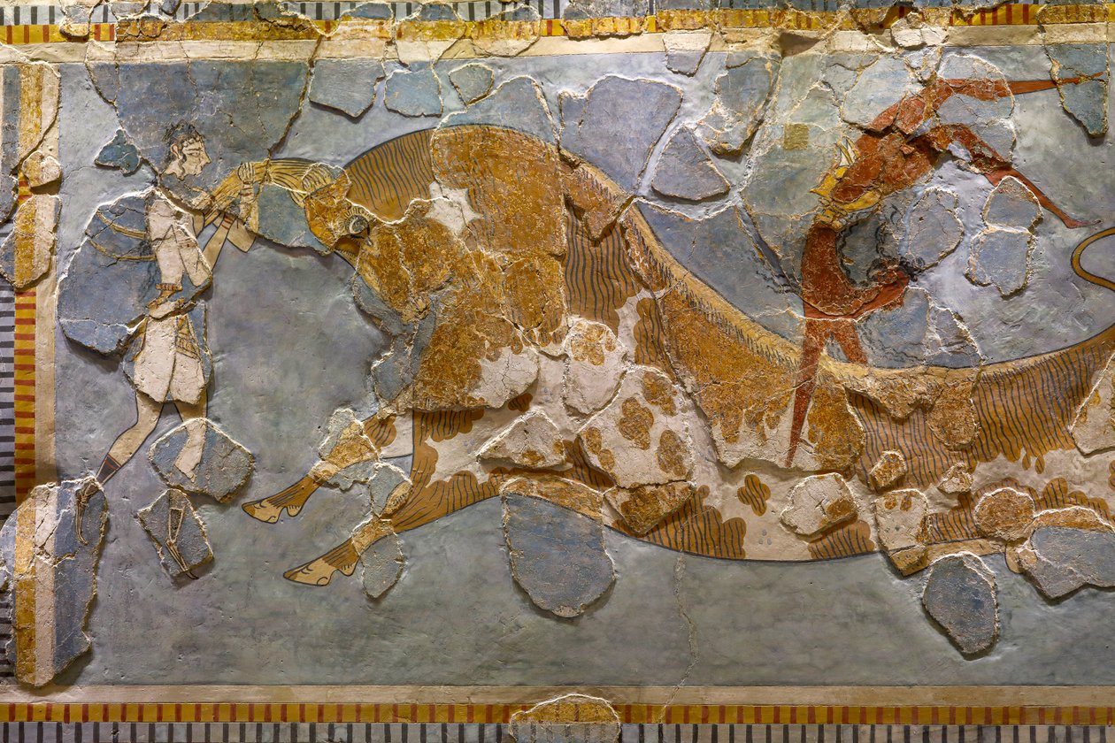 Detail fresky ve skoku býka. Nalezeno v Knossos od Minoan