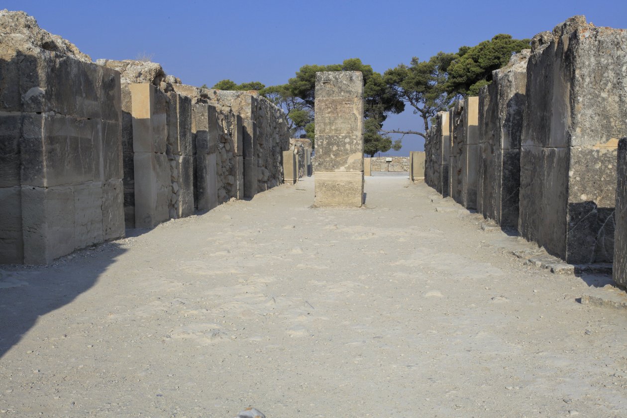 Minojské archeologické naleziště Phaistos. Západní časopisy. Velký komplex palácových skladů. Skládá se z předsíně, chodby skladů a samotných skladů. Vpravo a vlevo od chodby bylo 11 zásobníků, ve kterých t od Minoan