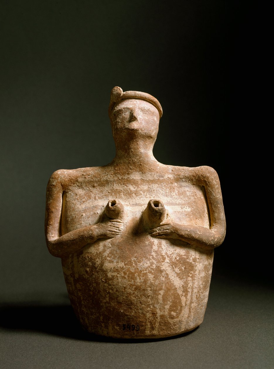 Minojské umění: terakotová váza ve tvaru ženy, která si podpírá hruď. Ze svatyně Piskokephalo na Krétě. 1700-1450 před naším letopočtem. Heraklion, Archeologické muzeum od Minoan