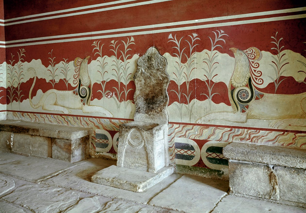 Minojská civilizace: pohled do trůnního sálu paláce krále Minose a Cnossos (Knossos). Kréta - minojská civilizace: pohled do trůnního sálu paláce krále Minose v Knossu. Kréta, Řecko od Minoan