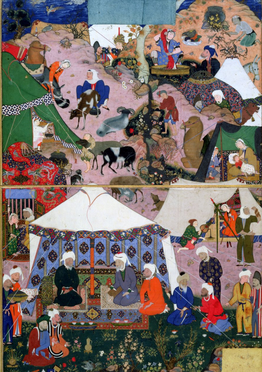 Nomádský tábor, z Khamsa (kvintet) od Nizami, Tabriz, východní Ázerbájdžán, perština, dynastie Safavidů, 1539-43 (neprůhledné wc a zlato na papíře) od Mir SayyidAli attr. to Mir SayyidAli attr. to