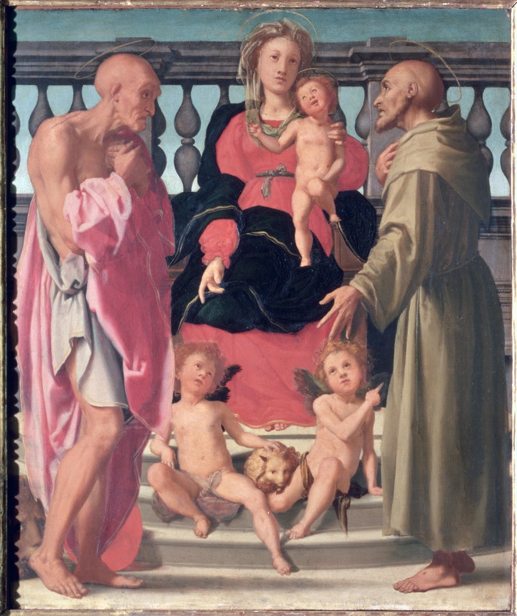Madonna a dítě s SS. Jerome a Francis (panel) od Mirabello Cavalori