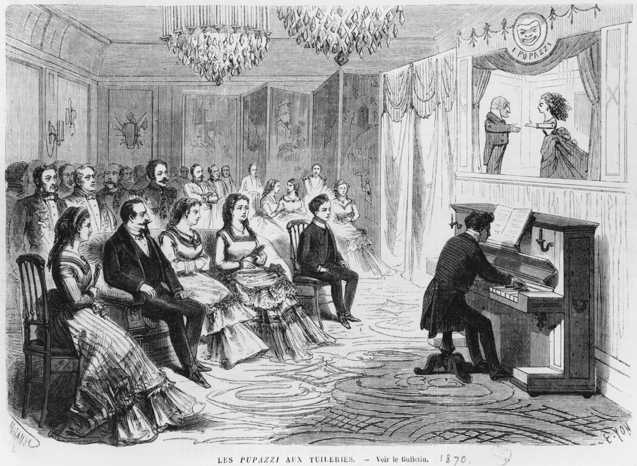 Loutkové představení I Pupazzi před císařem Napoleonem III (1808-73), císařovnou Evženií (1826-1920) a princem Evženem Ludvíkem Napoleonem Bonapartem (1856-79) v Tuilerijích, rytina Edmonda Yo. od Miranda