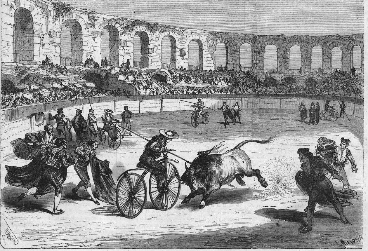 Býci závodí v Aréně Nimes v roce 1869. Toreadoři se montovali na velocipedy. Kresba pana Mirandy. od Miranda Miranda
