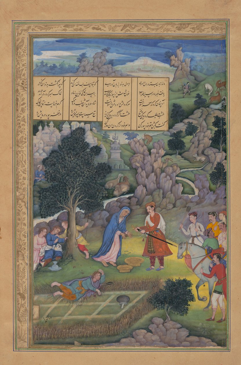Král nabízí nápravu pozůstalé matce, Folio z Khamsy..., 1597-98. od Miskin