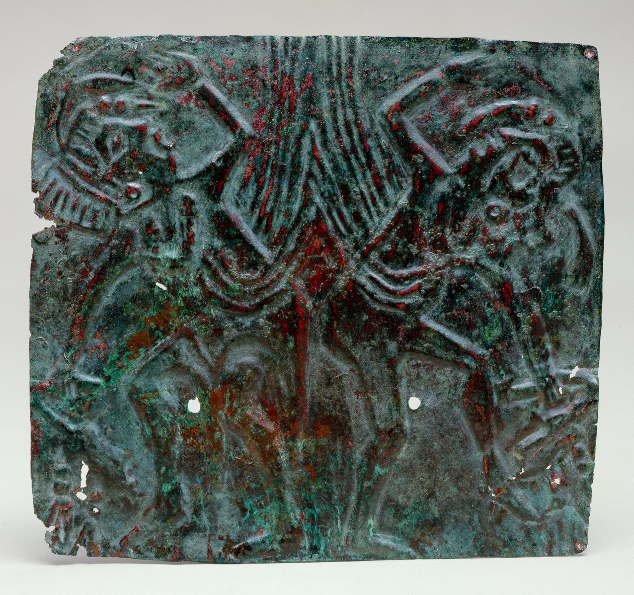 Plaketa Repousse s tanečními figurami, 1100-1300 (měď a pigment) od Mississippian culture