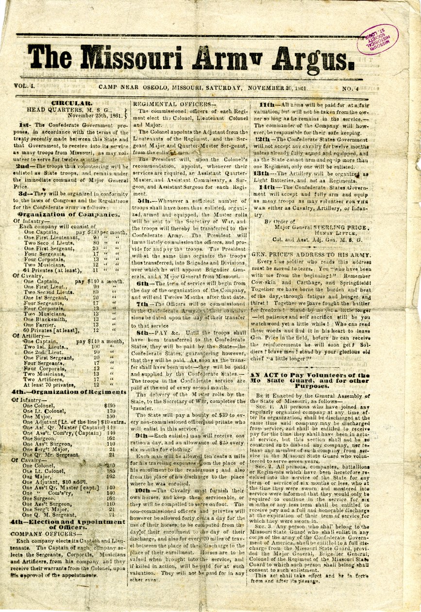Obsahuje tištěné oběžníky a písmena, prohlášení a zprávu pro ženy z Missouri od Missouri Army Argus