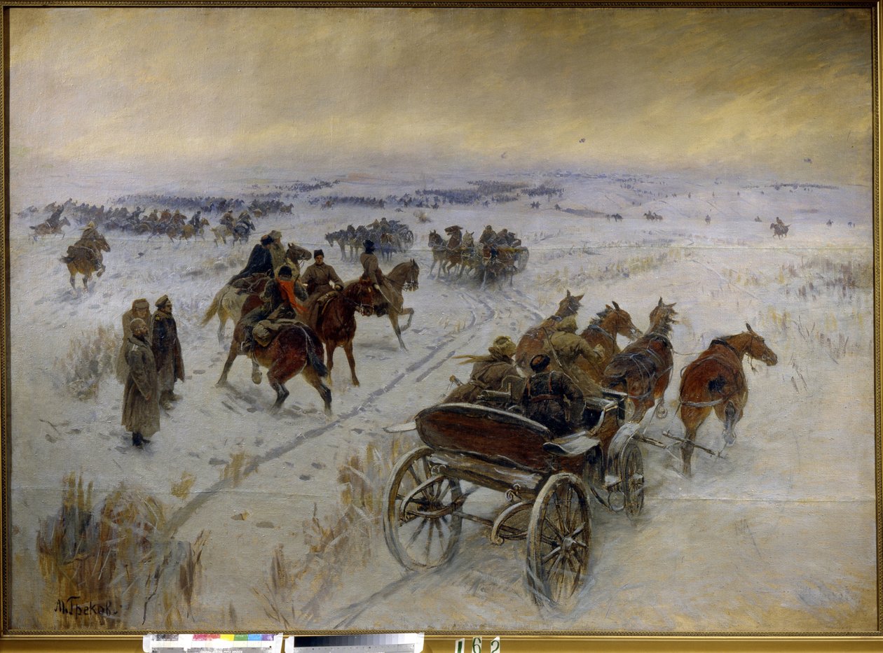 Bitva u Yegorlykskaya (Rusko). Epizoda ruské občanské války (1917-1923), konfrontace kavalérie Rudé armády a Bílé armády na zasněžených pláních. Obraz Mitrofana Borisoviče Grekova (1882-1934), olej na plátně od Mitrofan Borisovic Grekov