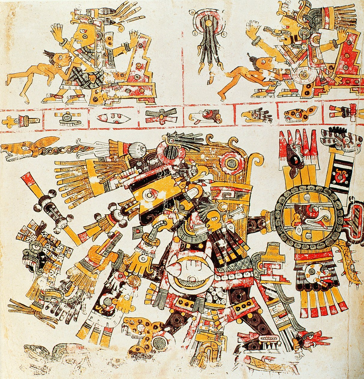 Faksimile stránky z Borgiova kodexu s vyobrazením černého Tezcatlipoca (barevná litografie) od Mixtec