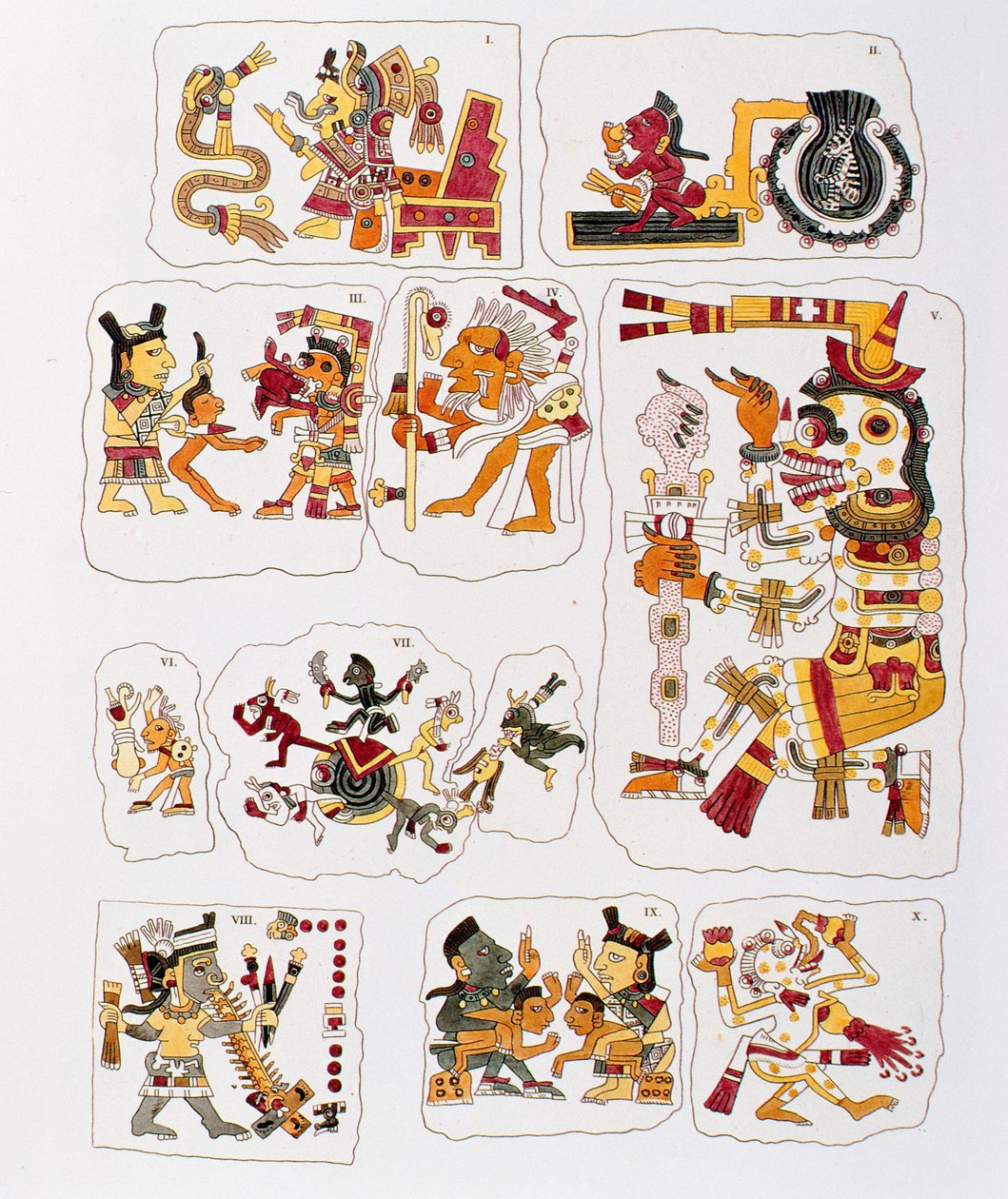 Faksimile kopie stránky Borgiova kodexu zobrazující různé scény (barevná litografie) od Mixtec
