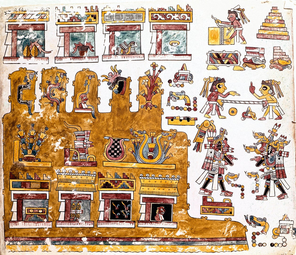 Mixtécká civilizace: Mixtécký kodex s ilustracemi aktivit odehrávajících se před chrámem - Předkolumbijské umění, smíšená civilizace: scény každodenního života před chrámem - Detail kopie Codexu Vindobonensis nebo vídeňského kodexu zaslaného Hernanem od Mixtec Mixtec