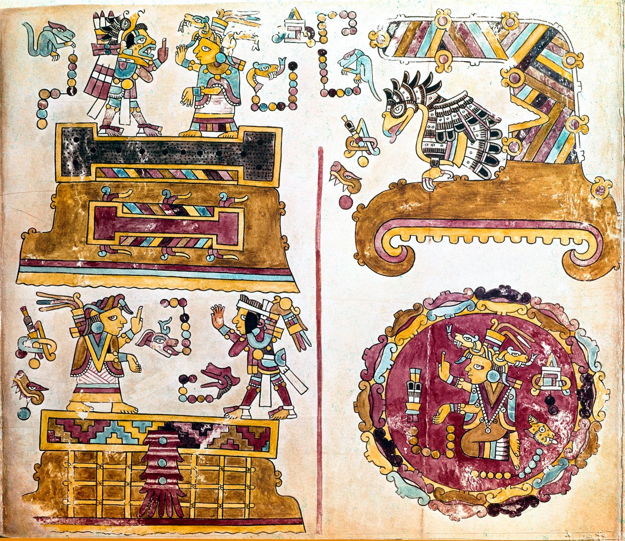 Mixtécká civilizace: Mixtécký kodex s ilustracemi každodenních činností - Předkolumbijské umění, smíšená civilizace: scenes de vie quotidienne - Detail kopie Codexu Vindobonensis neboli vídeňského kodexu zaslaného Hernanem Cortesem Karlu V. v roce 1519 - M od Mixtec Mixtec