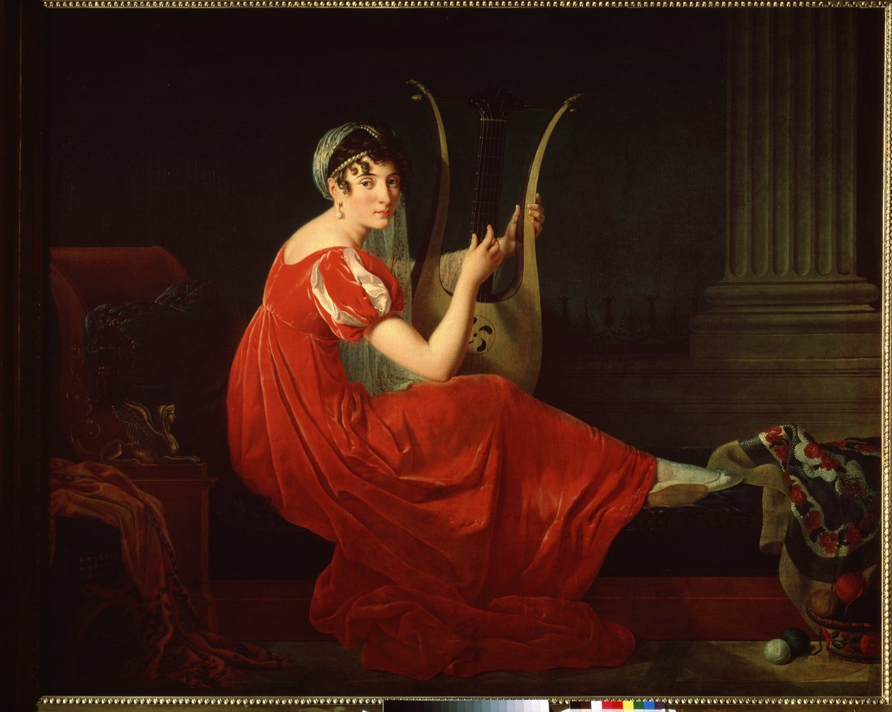 Portrét Josephine Budayevskaya. Elegantní žena s harfou. Obraz Mademoiselle Riviere (1780-?) od Mlle Riviere