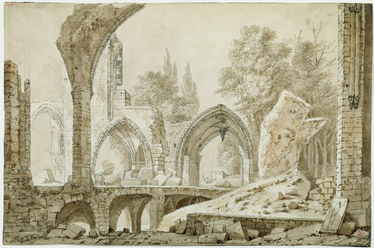 Interiér kostela Sainte-Genevi ève v Ruins, 1807 (pero a inkoust na papíře) od Mme. Duchateau