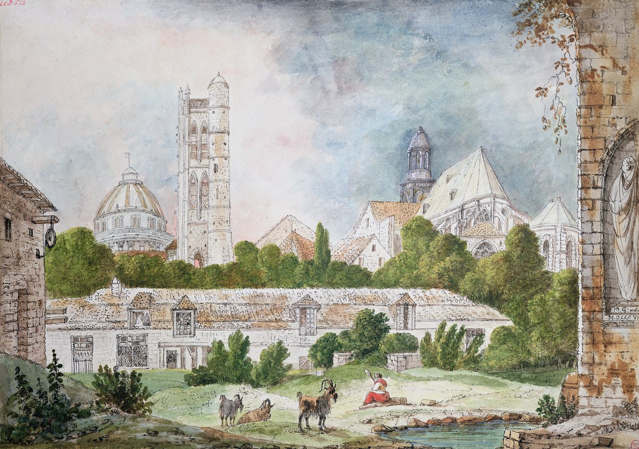 Nový kostel Sainte-Genevieve a Saint-Etienne-du-Mont při pohledu z ruin opatství Sainte-Genevieve v Paříži, 1807 (wc a inkoust na papíře) od Mme. Duchateau