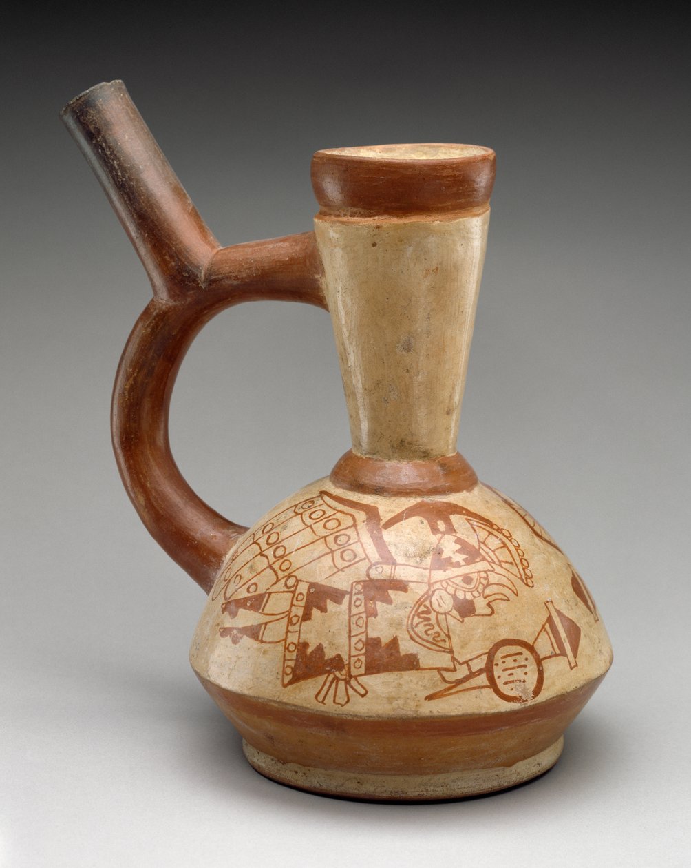 Sklenice se dvěma sovími válečníky, 400-600 (hliněné nádobí s bichromem malbou) od Moche
