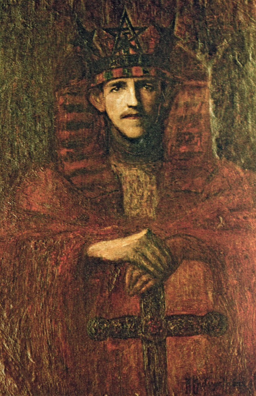 Samuel Liddell MacGregor Mathers (1854-1918) v obřadních regálech týkajících se rituální magie, kolem roku 1895 (olej na papíře) od Moina Mathers
