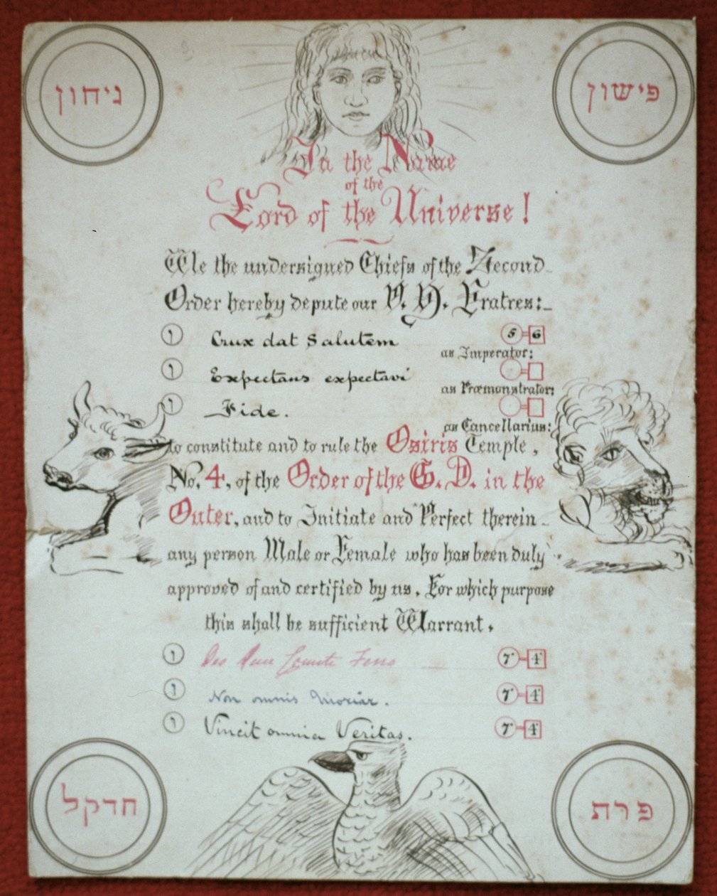 Charta Osirisova chrámu č. 4 Hermetického řádu Zlatého úsvitu, 1888 (pero a inkoust na kartě) od Moina Mathers
