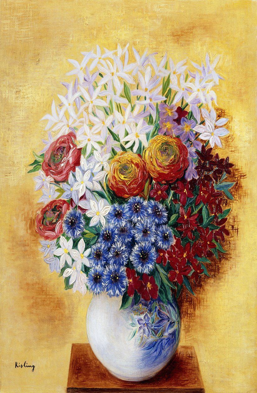 Kytice květin na žlutém pozadí; Bouquet au Fleurs sur Fond jaune, asi 1934 (olej na plátně) od Moise Kisling