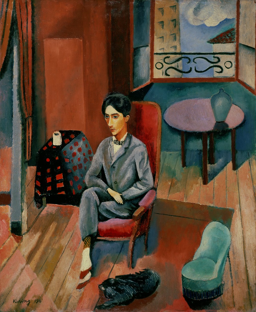 Portrét Jeana Cocteaua sedícího ve svém ateliéru od Moise Kisling