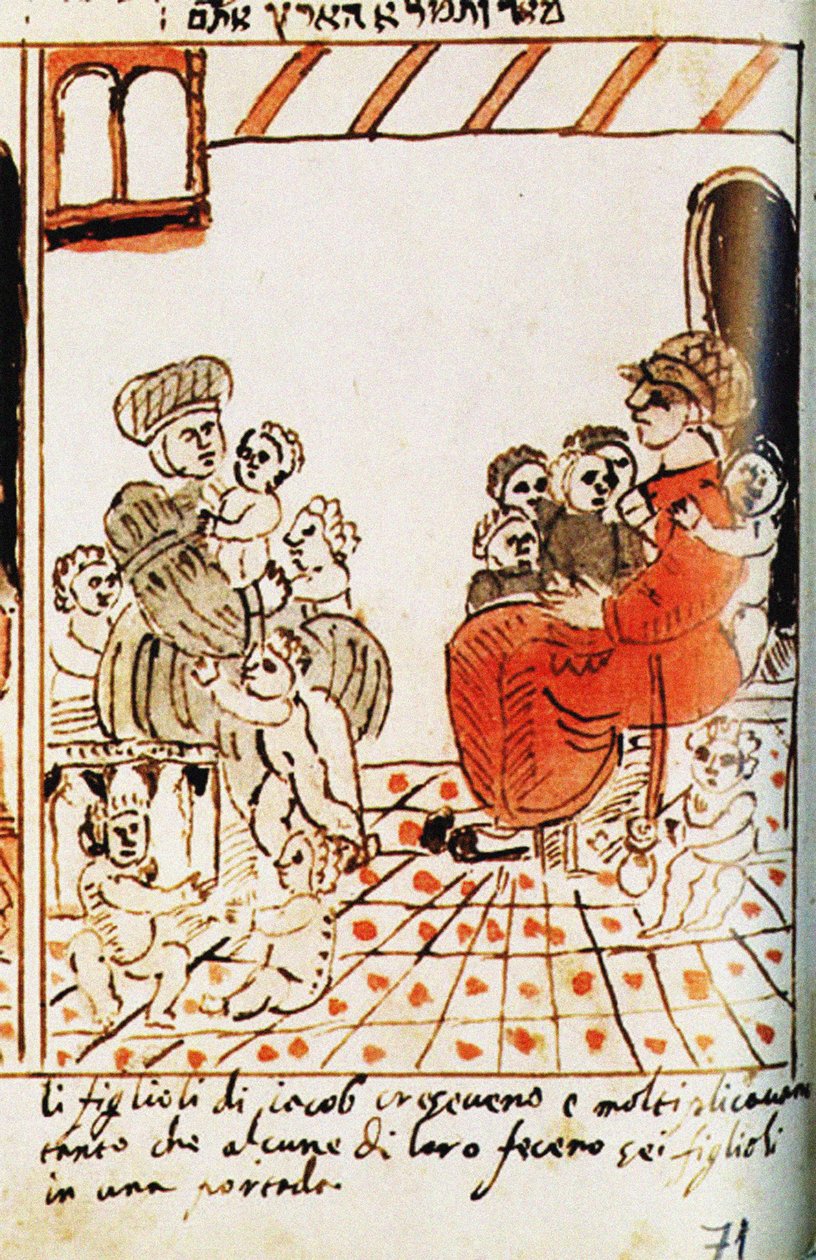 Rozmnožení Izraelitů v Egyptě. Obraz Codex Choumach Pentateuch Mojžíše dal C od Moise del Castellazzo