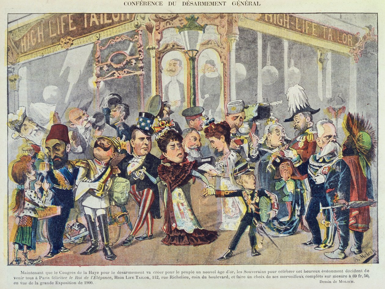 Reklama na pařížského výrobce oděvů odkazující na První Haagskou mírovou konferenci z roku 1899, z časopisu 