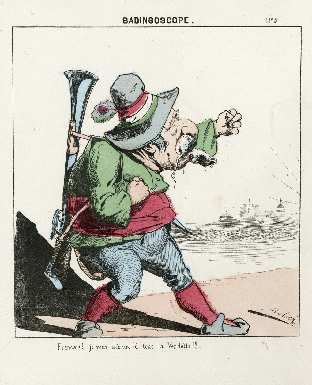Létající list, číslo 5, satirický v barvách, cca 1870: Badingoskop - Komuna Paříž/Válka/Obležení, Hunt, Prezident republiky - Napoleon III - Ilustrace Moloch (1849-1909) od Moloch