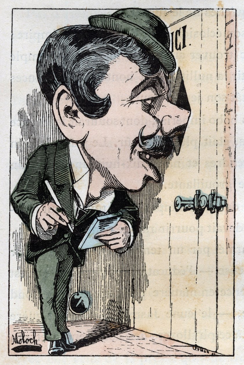 Alegorie „“ reportéra „“ (novináře) v „“ Le Trombinoscope““ od Touchatout, karikatura B. Molocha z roku 1882 (1849-1909). Soukromá sbírka. od Moloch