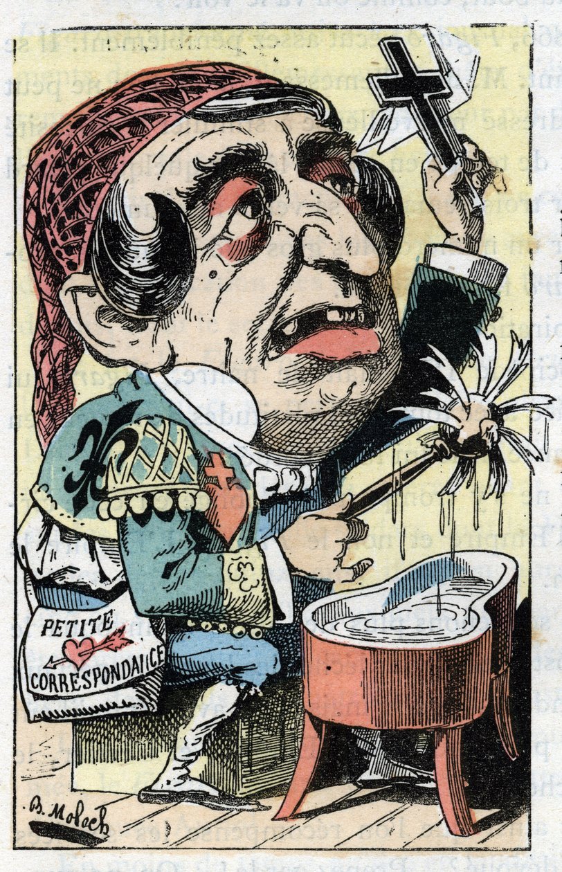 Alegorie francouzských novin Le Figaro v „“Le Trombinoscope““ od Touchatout, karikatura B. Molocha z roku 1882 (1849-1909). Soukromá sbírka. od Moloch