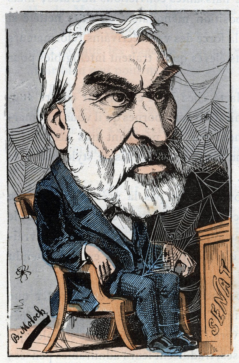 Eugene Pelletan (1813-1884), francouzský literární novinář a politik v „Le Trombinoscope““ od Touchatout, karikatury B. Molocha z roku 1882 (1849-1909). Soukromá sbírka. od Moloch