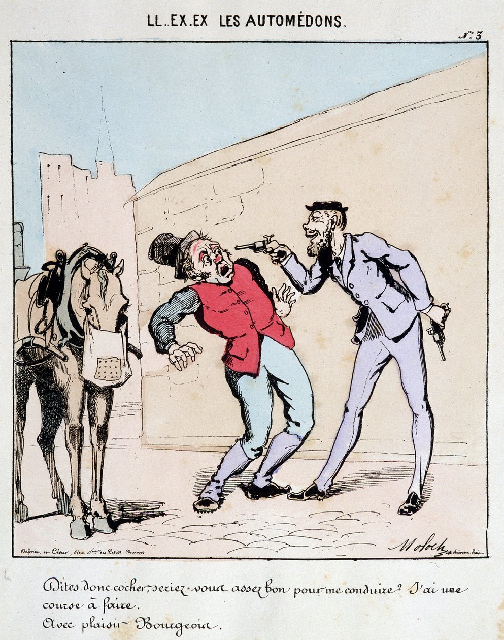 ON. EX. EX. Motoredons: Cartoon dopravy ve městě. Buržoazie zdvořile požádá kočího, aby ho řídil, a přitom mu vyhrožoval zbraněmi. Kresba Molocha (1849-1909), kolem roku 1860. od Moloch