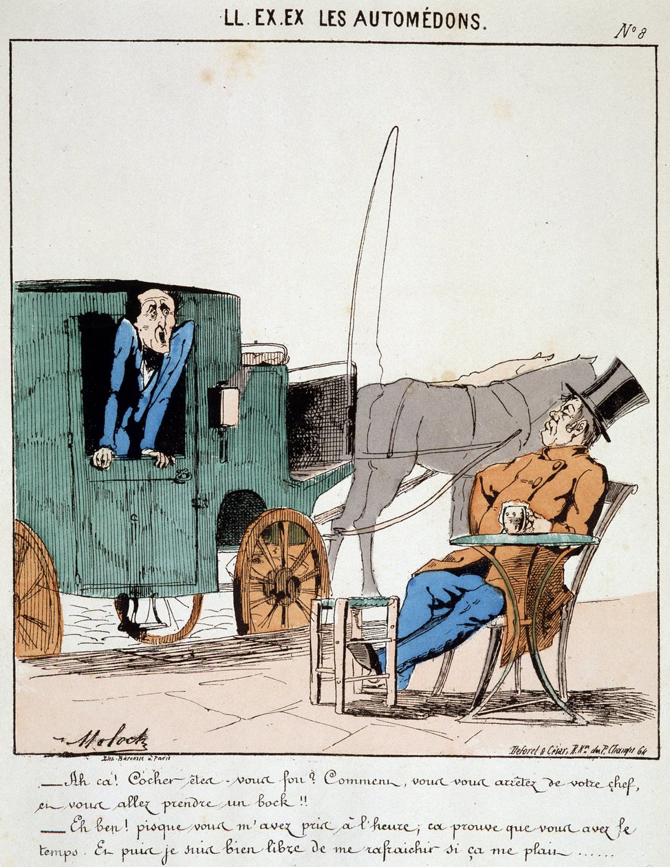 ON. EX. EX. Motoredons: Cartoon dopravy ve městě. Kočí platí včas a zastaví se v kavárně, aby si dal ránu pod chřtánem buržoazie, kterou vozí. Kresba Molocha (1849-1909), kolem roku 1860. od Moloch