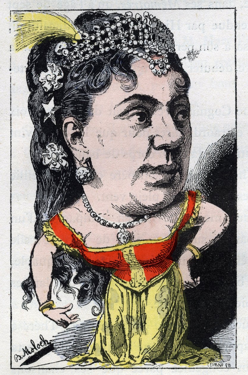 Portrét Emmy Valladon dit Theresa (1837 -1913) zpěvačky francouzského kabaretu v „“Le Trombinoscope““ od Touchatout, kreslený film B. Molocha z roku 1882 (1849-1909). Soukromá sbírka. od Moloch