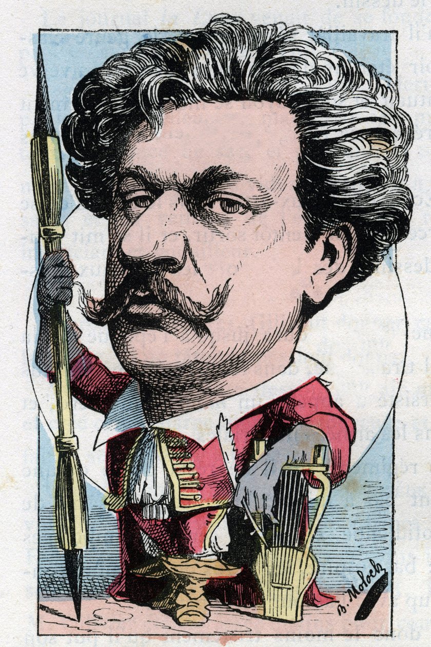 Portrét Louise Alexandra Gosset de Guines dit Andre Gill (1840 - 1885) francouzský básník malíř v „“Le Trombinoskop““ od Touchatout, kreslený film B. Molocha z roku 1882 (1849-1909). Soukromá sbírka. od Moloch