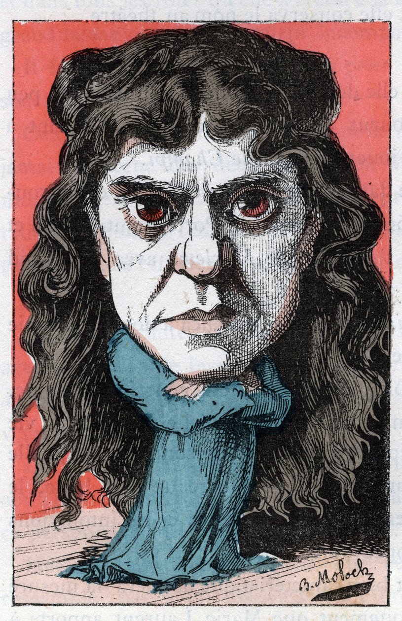 Portrét Marie Laurentové nebo Marie LUGUETOVÉ Francouzské dramatické umělkyně 19. století v „“Le Trombinoskop“““ od Touchatout, karikatura B. Molocha z roku 1882 (1849-1909). Soukromá sbírka. od Moloch