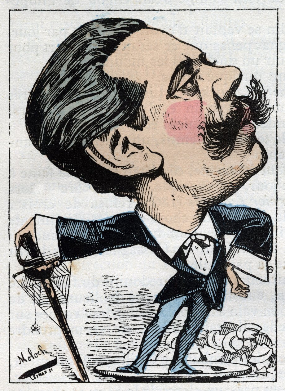 Portrét Paula Graniera de Cassagnac (1842-1902), francouzského politického novináře v „Le Trombinoscope““ od Touchatout, karikatury B. Molocha z roku 1882 (1849-1909). Soukromá sbírka. od Moloch