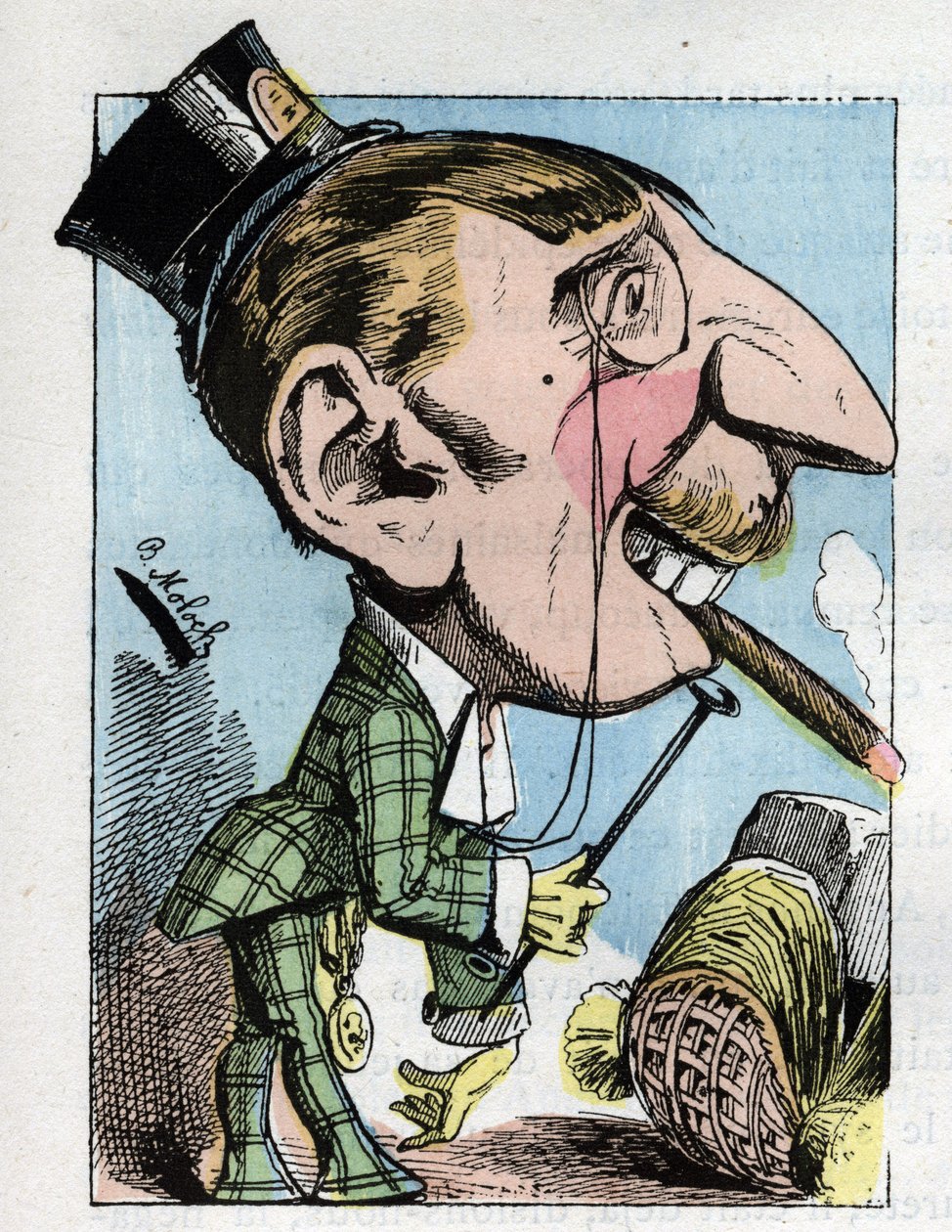 Portrét „gumovitého“ mladého muže má pobuřující eleganci a omezuje se na výsměch (dandy, elegantní, rybí, viskózní) v „“Le Trombinoscope““ od Touchatout, karikatuře B. Molocha z roku 1882 (1849-1909). Soukromá sbírka. od Moloch