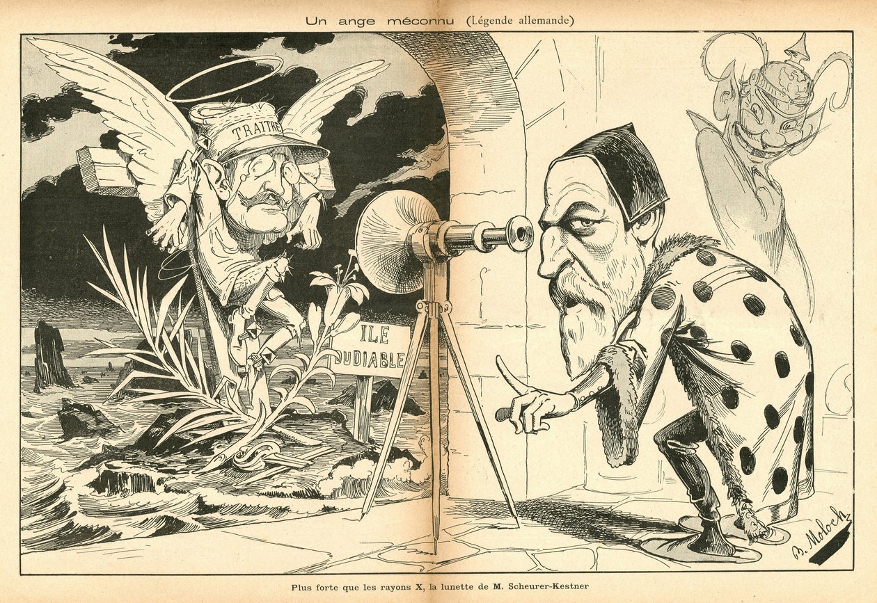 Obraz pro smích, číslo 4, cca 1897_11_13 - Ilustrace Alphonse Hector Columbus, známý jako B. Moloch nebo Moloch (1849-1909): Neznámý anděl - Dreyfusova aféra, Ostrov ďábla - Dreyfus Alfred, Scherer-Kestner Auguste od Moloch