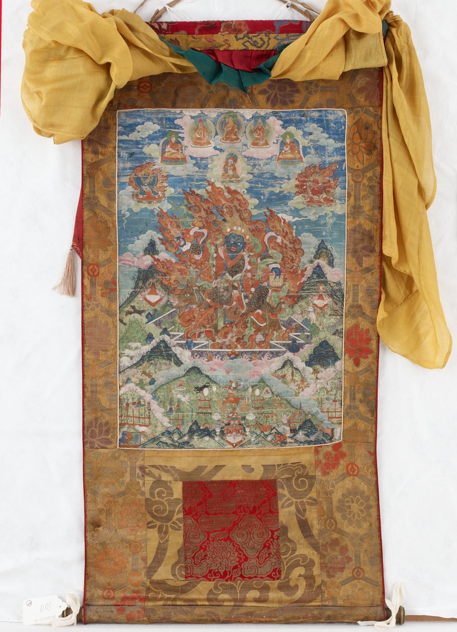 Damjen Garwa Nagpo, polovina 19. století (minerální pigmenty na klížené bavlně, originální brokátové pasparty Qing, originální přebal, mongolské střapce a tyč s čepicemi) od Mongolian School