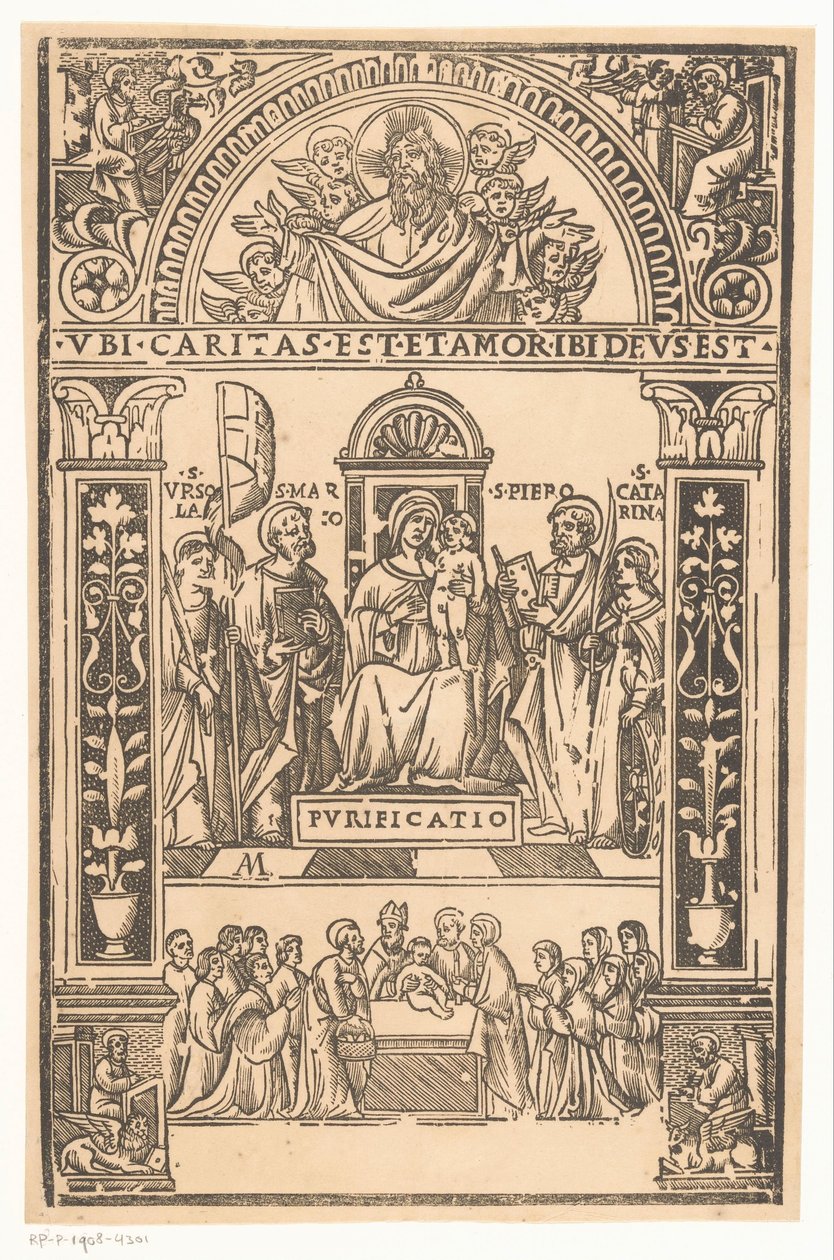 Marie s dítětem a svatými Svatý rozhovor Sacra Conversazione od Monogrammist AM (prentmaker 16e eeuw)