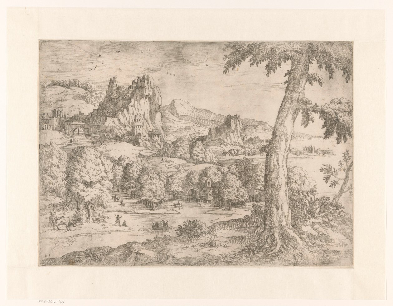 Panoramatická krajina s velkým stromem od Monogrammist DB (etser 16de eeuw)
