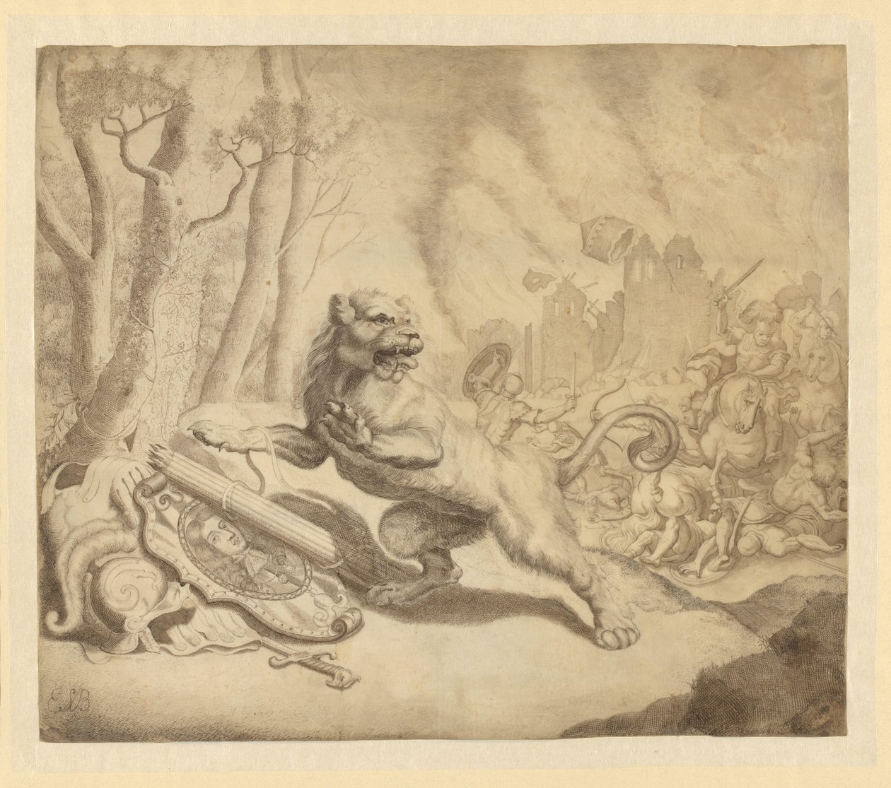 Nizozemský lev hledá pomoc u Viléma III, 1672 od Monogrammist ESB (tekenaar) (signed by artist)