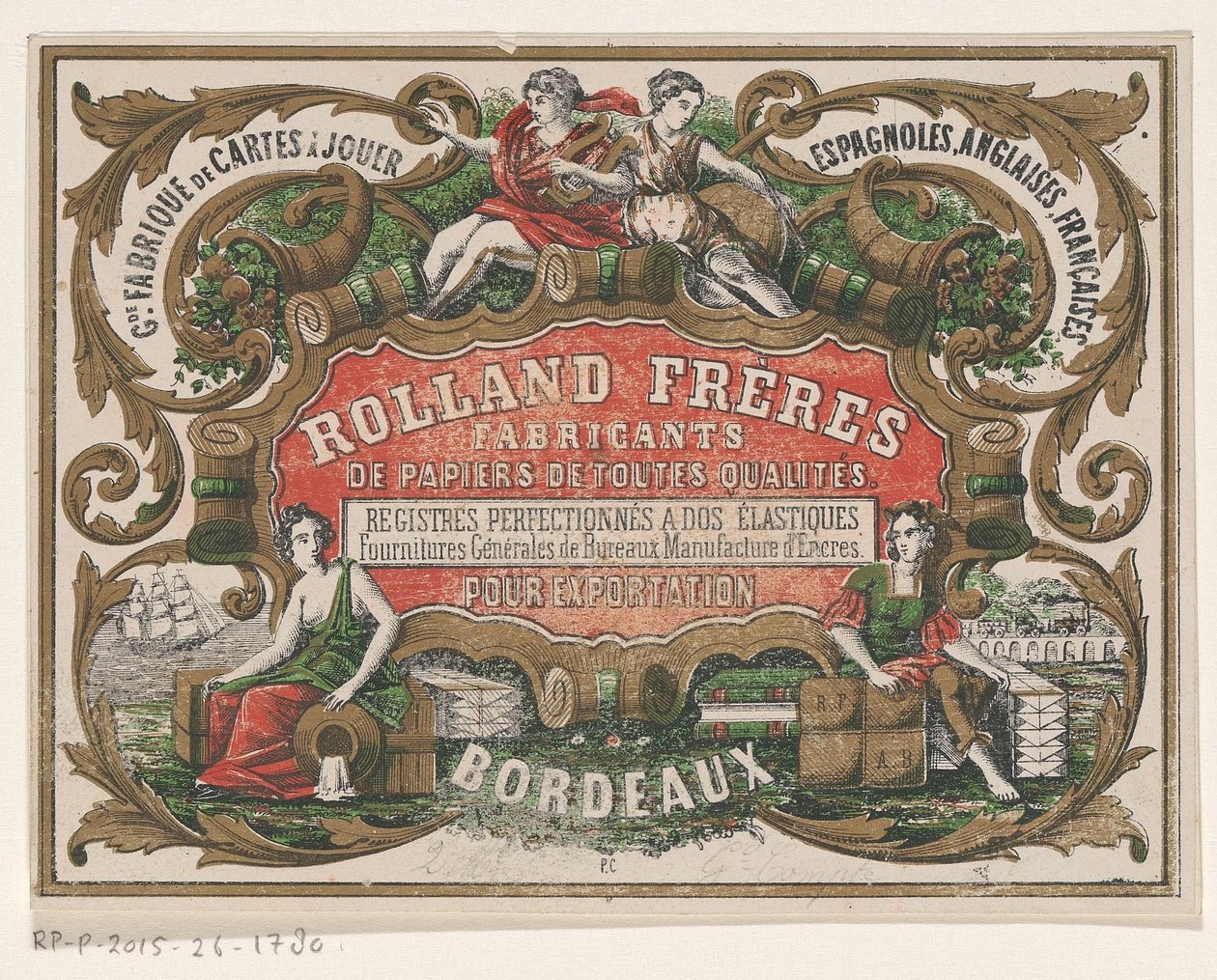 Vizitka Rolland Frères, výrobce papíru v Bordeaux od Monogrammist PC (lithograaf)