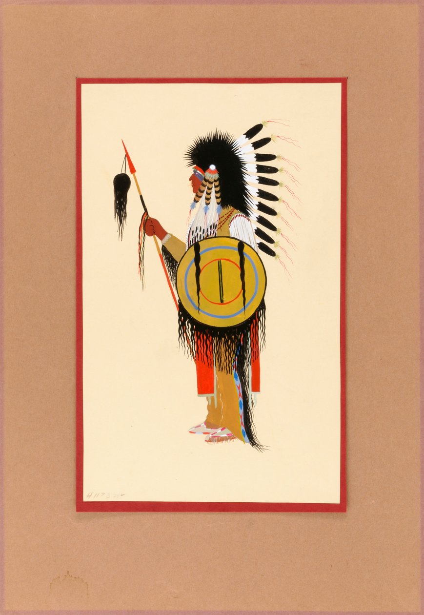 Cheyenne Warrior v péřové čelence se štítem, ca. 1915-1937. od Monroe Tsatoke
